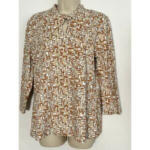 J Mclaughlin Women's Large 3/4 Slv  Brown White Geometric Twisted Keyhole Collar